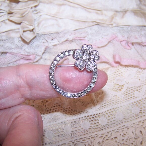 Sterling Silver Rhinestone Pin Brooch - Eternity Circle with Flower - Picture 6 of 8